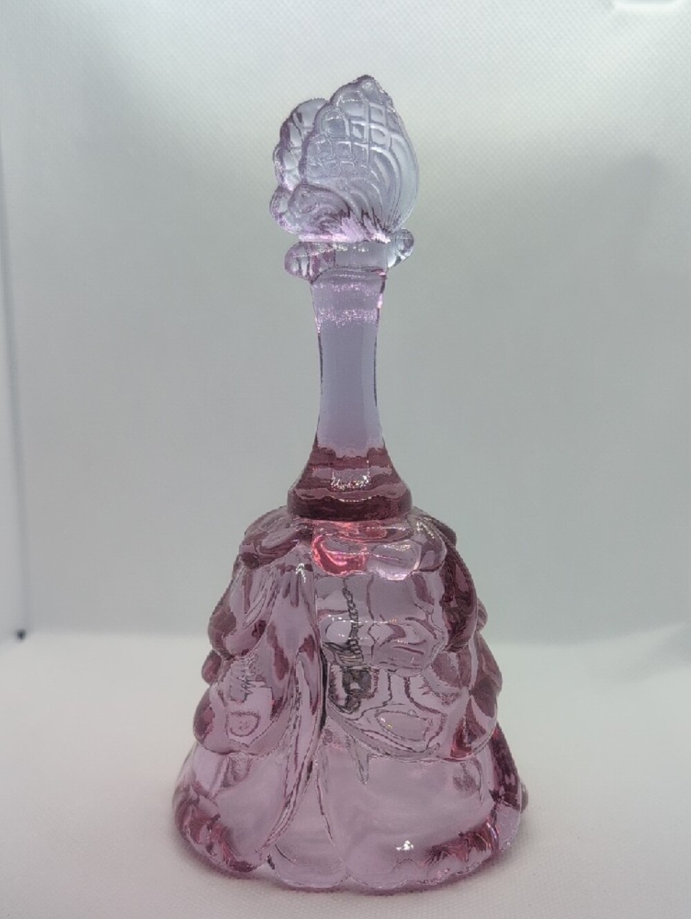 Vintage Fenton Rose pink Glass Draped Bell With Butterfly Finial - Picture 2 of 6